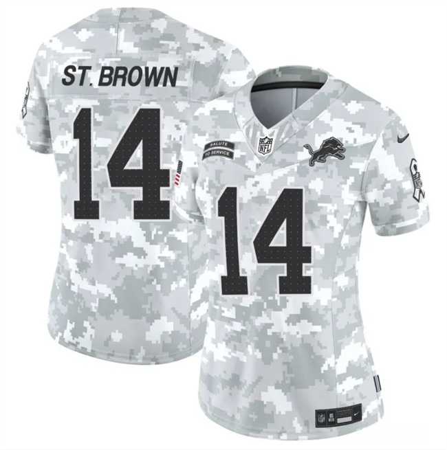 Women%27s Detroit Lions #14 Amon-Ra St. Brown 2024 F.U.S.E Arctic Camo Salute To Service Limited Stitched Jersey Dzhi